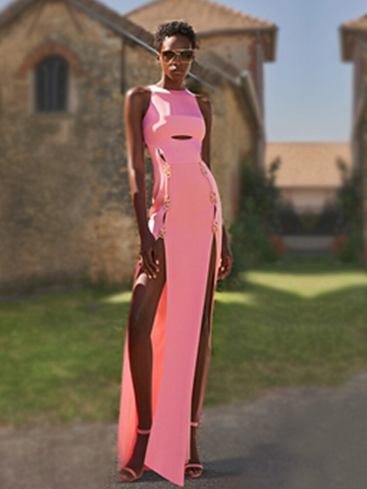 Top Quality Women Summer Sexy O Neck Hollow Out Pink Split Maxi Long Bodycon Bandage Dress 2022 Elegant Evening Party Dress - kmtell.com