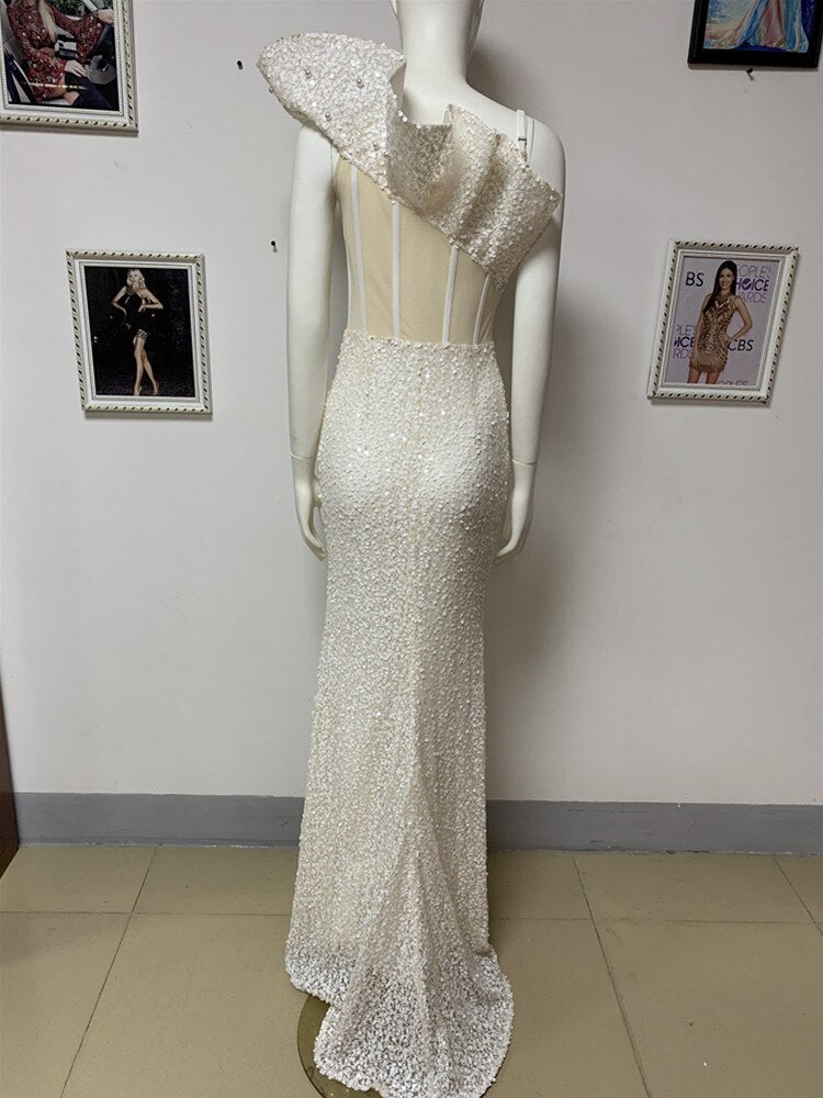 Luxury Women Sexy One Shoulder Ruffles Mesh Sequins Sparkly White Maxi Long Bodycon Dress 2022 Elegant Evening Party Club Dress - kmtell.com