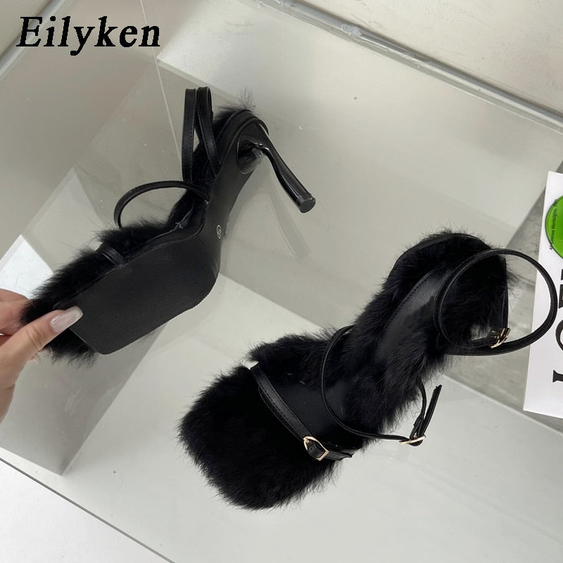 Eilyken 2023 New Brand Plush Fur Fuzzy Sandals Women Thin Heels Fashion Square Toe Ankle Lace Up Buckle Strap Slides Shoes - kmtell.com