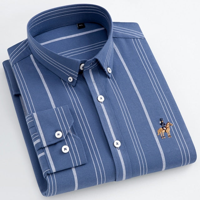 Fashion Men&#39;s Long Sleeve Casual Contrast Striped Oxford Shirt with Embroidered Logo Comfortable Standard-fit Button-down Shirts - KMTELL