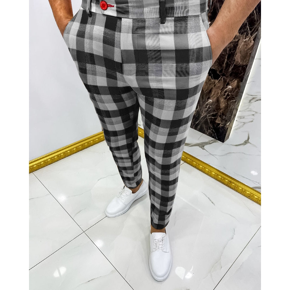 2022 New Arrival  Men&#39;s Checkered Trousers Checked Casual Pants Elegant Skinny Plaid Mid Waist Streatwear Fashion Pencil Pants - kmtell.com