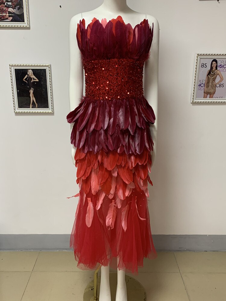 Women Summer Luxury Sexy Strapless Backless Feather Mesh Sequins Red Midi Bodycon Dress 2023 Elegant Evening Party Club Dress - kmtell.com
