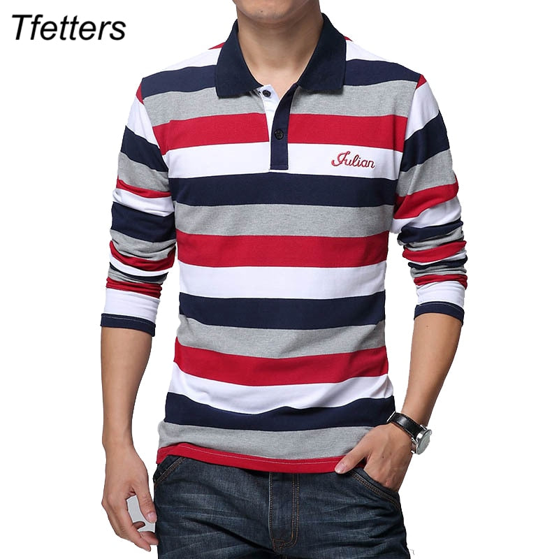 TFETTERS Autumn Men&#39;s T-shirt Stripe Pattern Letters Print Long Sleeved T-shirt Turn-down Collar Shirt T-shirt Big Size M - 5XL - kmtell.com