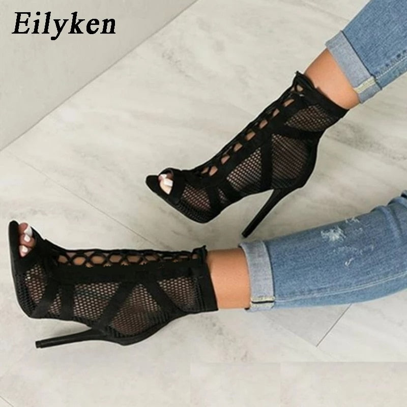 Eilyken 2023 Fashion Black Summer Sandals Lace Up Cross-tied Peep Toe High Heel Ankle Strap Net Surface Hollow Out Shoes - kmtell.com