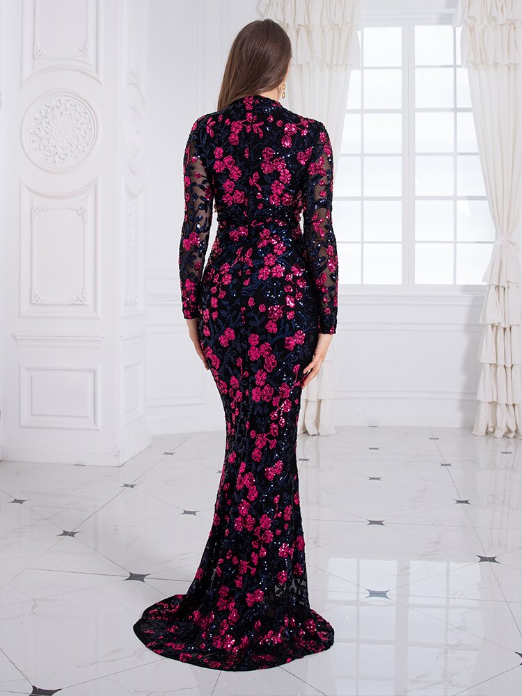 Floral Stretch Sequin Long Sleeve Evening Night Party Dress Floor Length O Neck Bodycon Fitting Club Dress - kmtell.com
