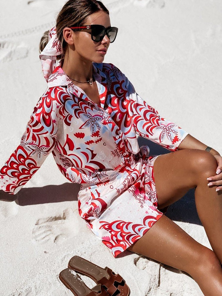 Women&#39;s Shirt Sets Fashion Printed Summer Long Sleeve Shirt + Shorts 2 Pieces Set 2022 Lady Vintage Holiday Beach Casual Outfits - kmtell.com