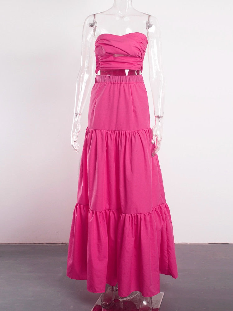 Strapless Crop Tops And A Line High Waist Skirt for Women Summer Wear Ruffled Pleated Sleeveless - kmtell.com