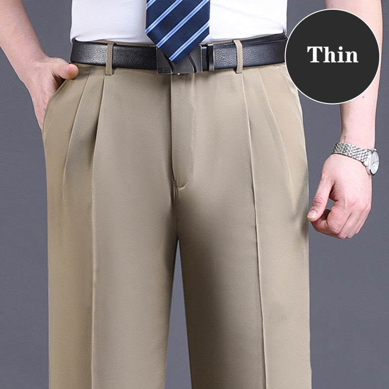 Double Pleated Suit Pants Black Brown Business Khaki Trousers For Men Loose Straight Class Men Pant Thin Summer 2022 - kmtell.com