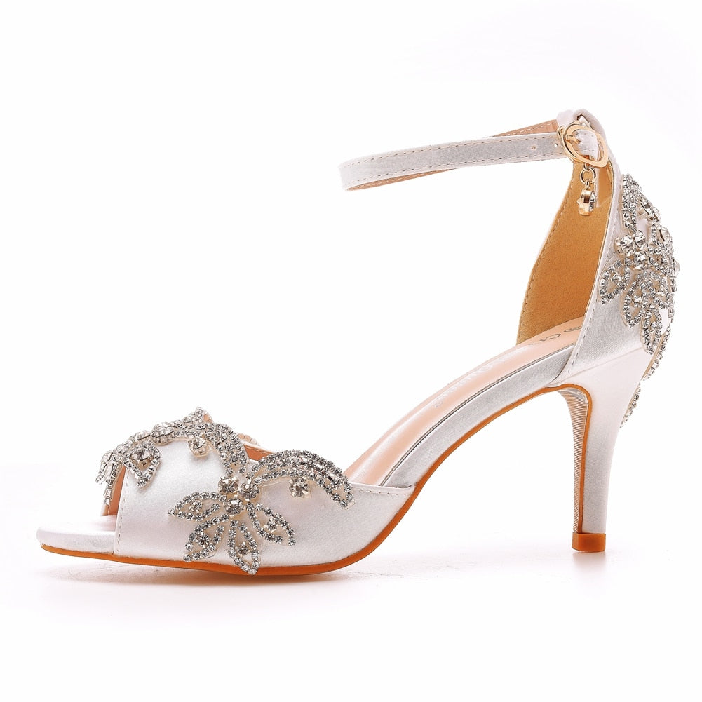 Crystal Queen Women White Silk 7CM High Heels Banquet Rhinestone Wedding Shoes Sweet Wild Single Sandals Bride Party Pumps - kmtell.com