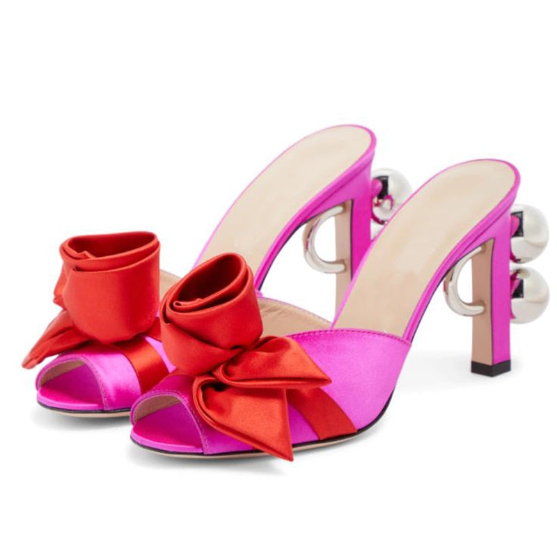 Rose Pink Flower Gladiator Sandals Woman Open Toe Luxury Satin Strange High Heels Mules Lady Sexy Party Shoes - kmtell.com