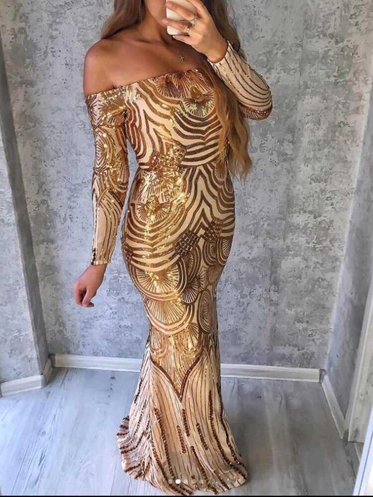 Off the Shoulder Stretch Gold Sequin Maxi Dresses Full Lining Backless Evening Night Prom Dress - kmtell.com