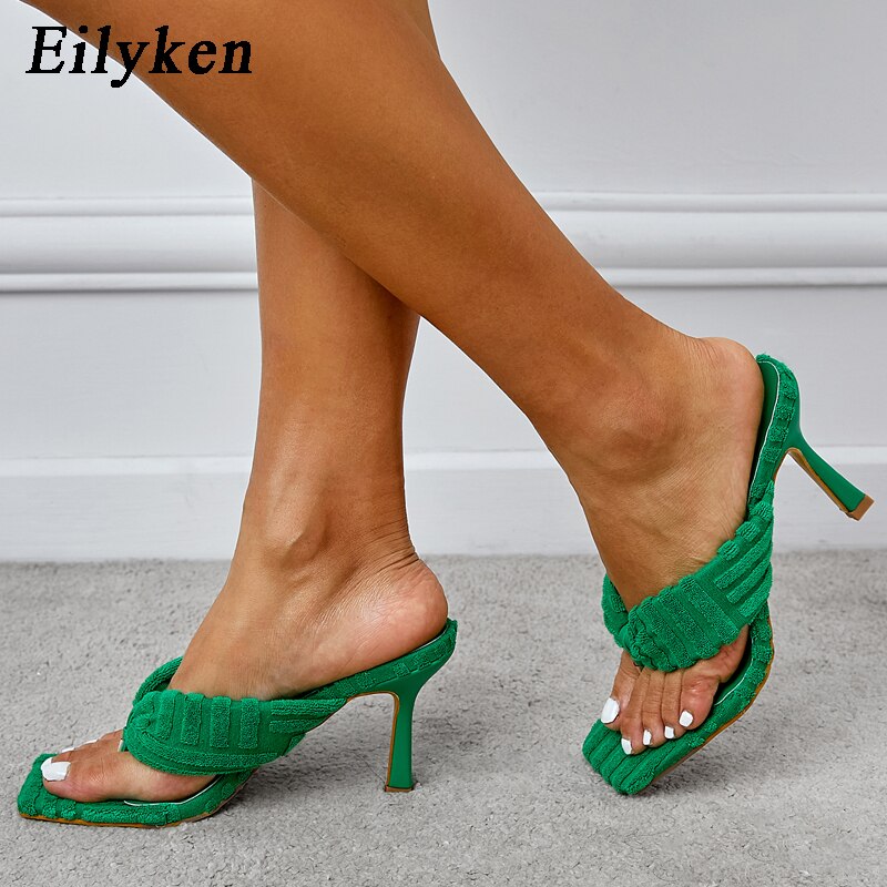 Eilyken 2023 New Arrival Summer Square toe High heels Women&#39;s Slippers Green Corduroy Outwear Femme Flip flops Mules shoes - kmtell.com