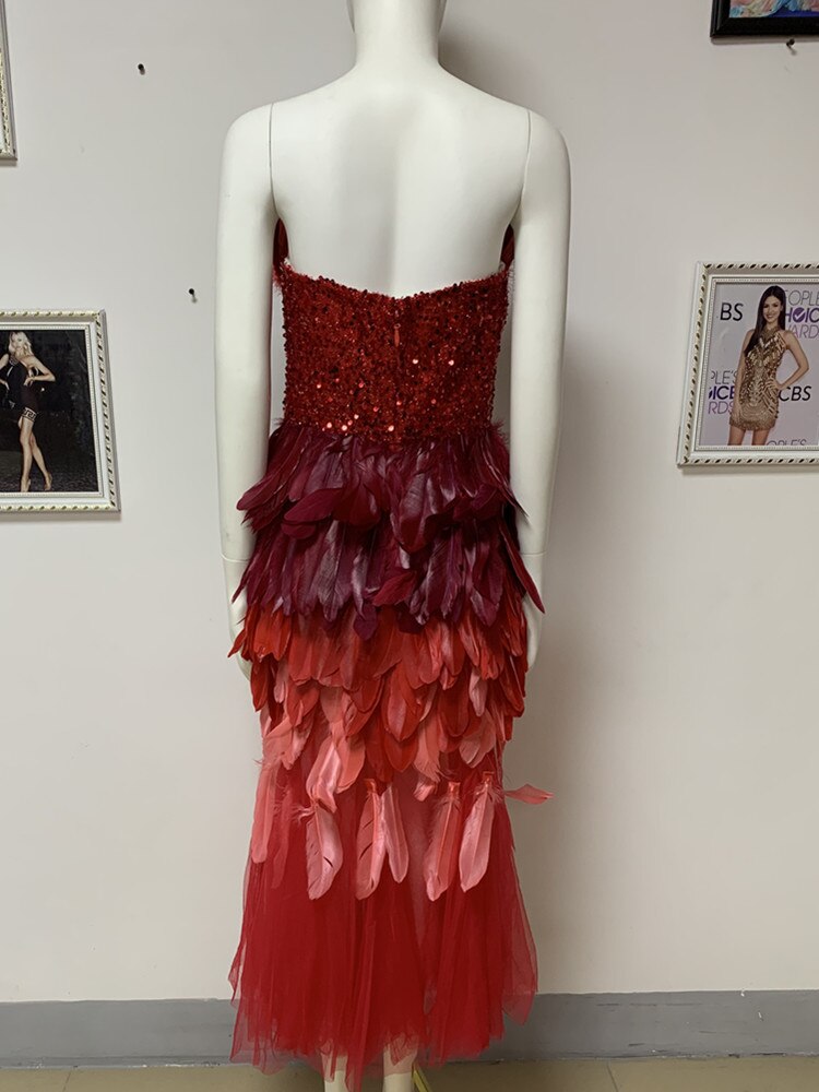Women Summer Luxury Sexy Strapless Backless Feather Mesh Sequins Red Midi Bodycon Dress 2023 Elegant Evening Party Club Dress - kmtell.com