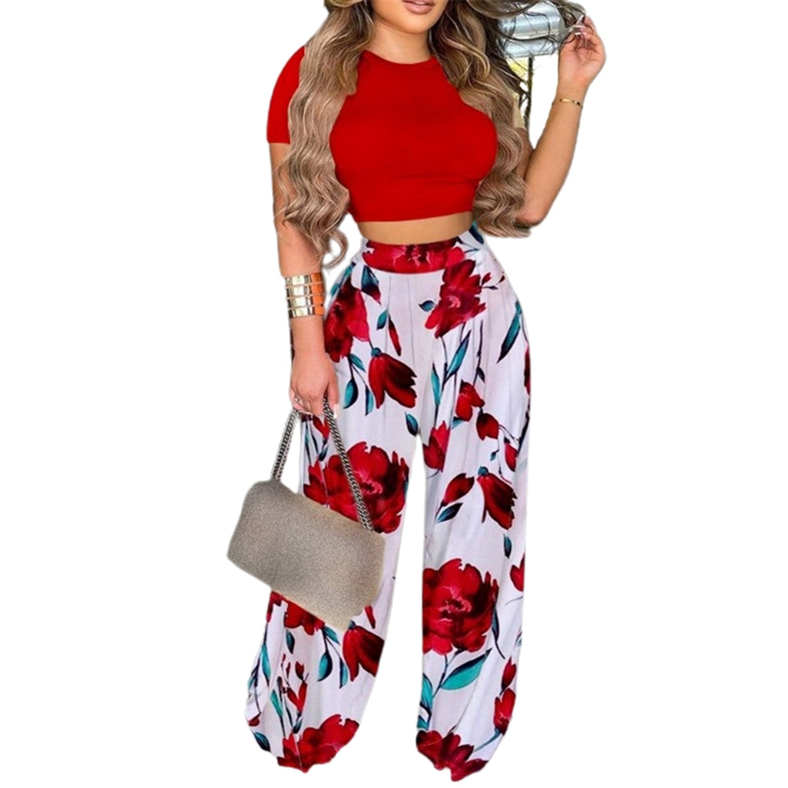 2022 Summer Women Short Sleeve Crop Top And Flare Pants 2 Piece Set Casual Sporty Solid Elegant Tracksuit Summer Outfits - kmtell.com