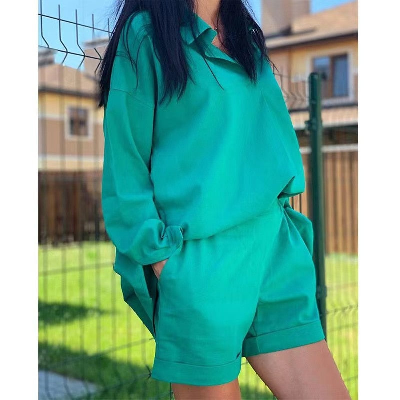 Casual Womem Summer Tracksuit Shorts Two Piece Set 2022 Lounge Wear Short Sleeve Shirt Tops And Mini Shorts Suit Female Homewear - kmtell.com