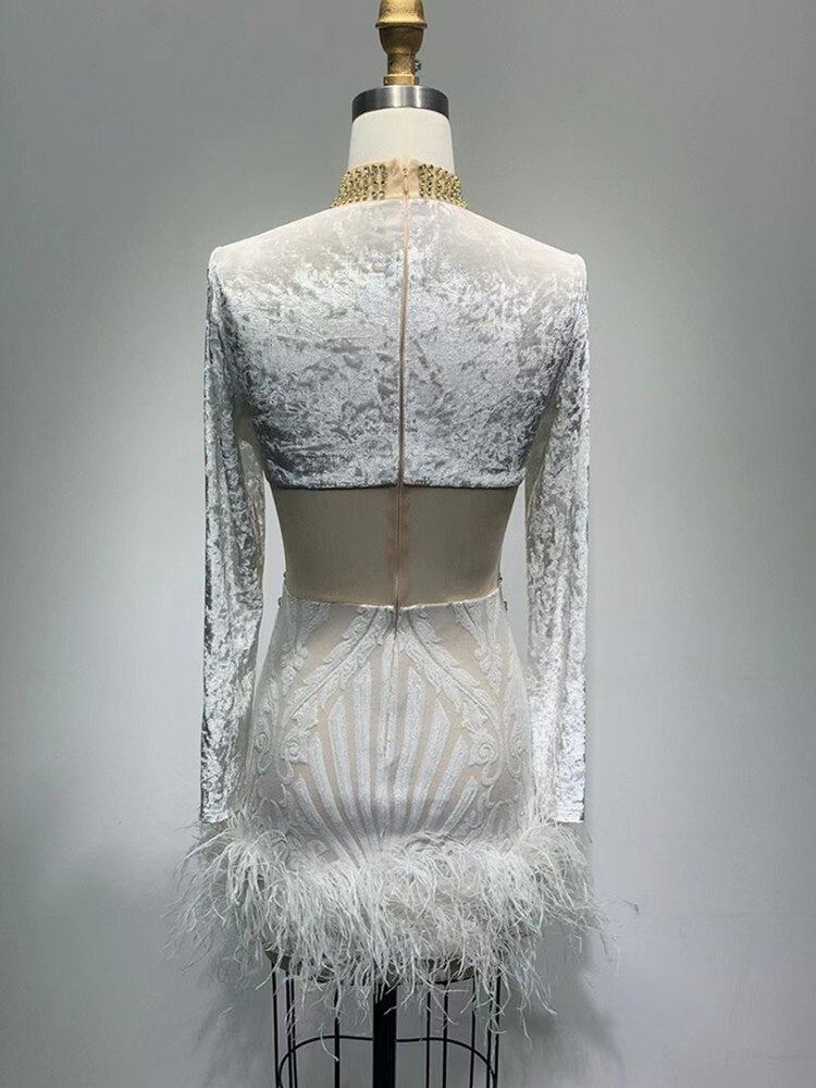 Women Luxury Sexy Long Sleeve Crystal Diamonds Mesh Sequins Feather White Dress 2023 Elegant Evening Club Party Dress Vestidos - kmtell.com