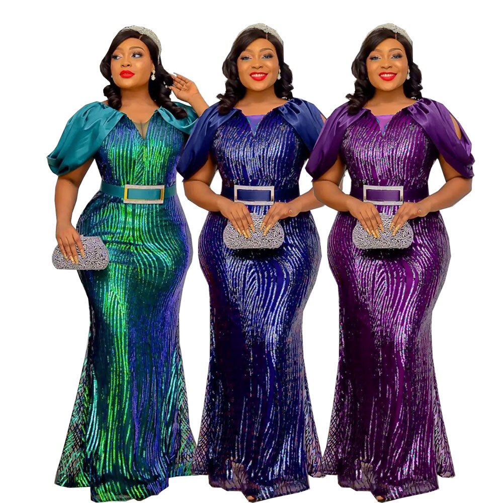 MD 2023 Luxury Evening Dresses African Women Plus Size Sequin Mermaid Bodycon Dress Wedding Party Gown Elegant Ladies Clothing - kmtell.com