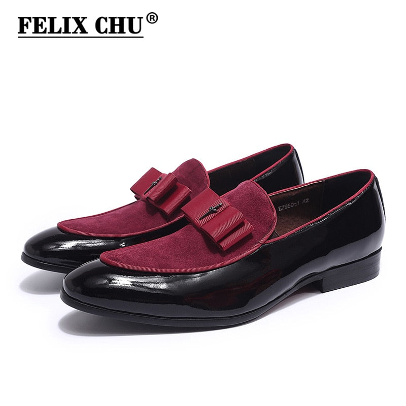 Handmade Mens Loafer Shoes Genuine Patent Leather Suede Patchwork with Bow Tie Wedding Footwear Banquet Dress Shoes for Men - kmtell.com