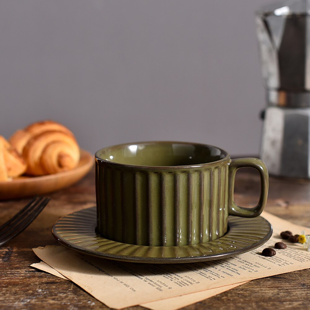 Vintage Coffee Mug Retro Style Ceramic Cups with Tray 200ml Kiln Change Clay Breakfast Dessert Bread Cup Unique Gift for Friends - KMTELL
