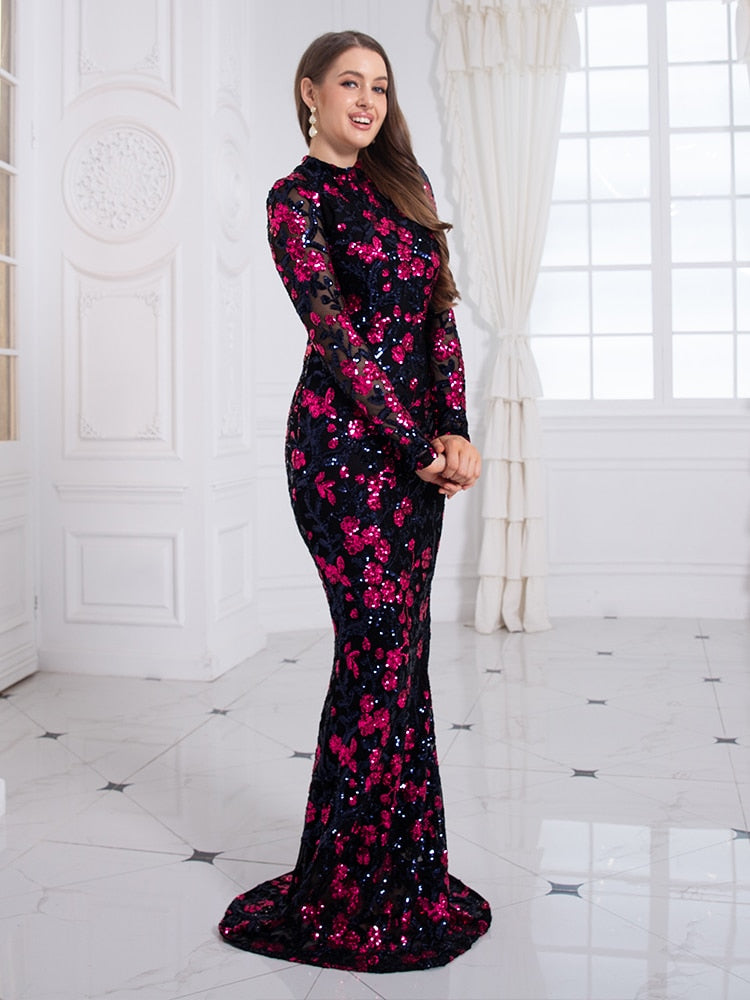 Floral Stretch Sequin Long Sleeve Evening Night Party Dress Floor Length O Neck Bodycon Fitting Club Dress - kmtell.com