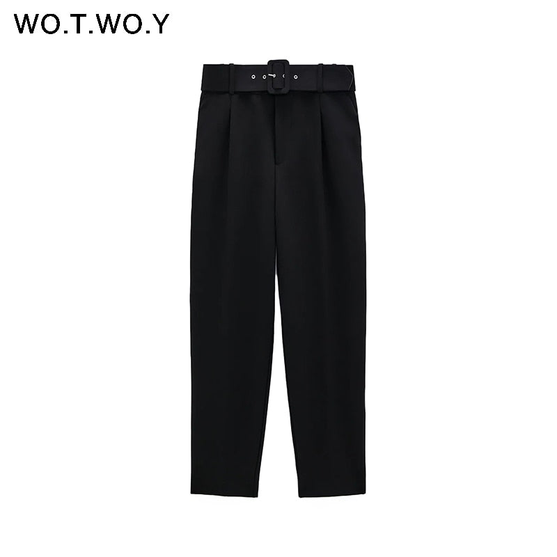 WOTWOY Elegant Formal High Waist Pants Women Skinny Office Lady Pencil Pants Women Pockets Sashes Ankle-Length Trousers Women - kmtell.com