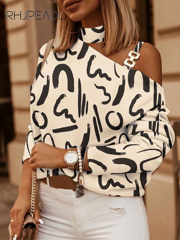 Sexy Off Shoulder Halter Neck Women Blouse Long Sleeve Fashion Print Casual Loose Tops 2022 Autumn Elegant Office Ladies Blouses - kmtell.com
