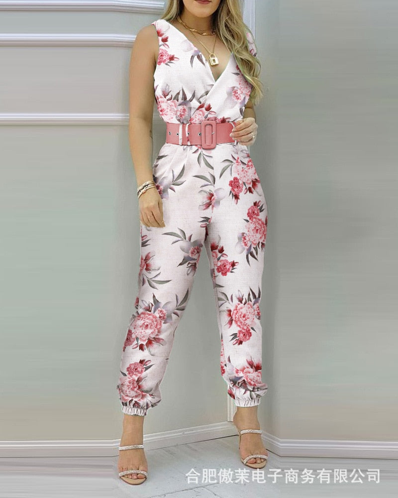 Woman Jumpsuits Elegant 2022 Jumpsuits  Sexy V-neck Sleeveless Printed Jumpsuit New Fashion with Belt Vest Playsuit Streetwear - kmtell.com