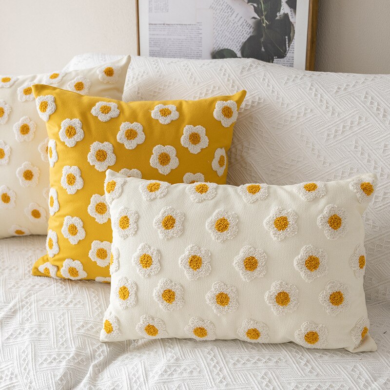 Chic Floral Cushion Cover Daisy Floral 45x45cm/30x50cm White  Embroidery Pillow Cover Soft Cozy for living room - kmtell.com
