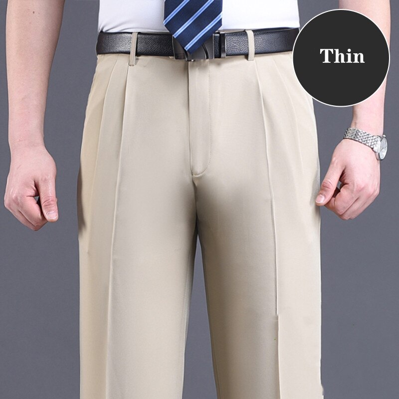 Double Pleated Suit Pants Black Brown Business Khaki Trousers For Men Loose Straight Class Men Pant Thin Summer 2022 - kmtell.com