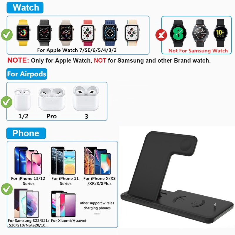 15W Qi Fast Wireless Charger Stand For iPhone 13 11 12 X 8 Apple Watch 4 in 1 Foldable Charging Station for Airpods 3 Pro iWatch - KMTELL