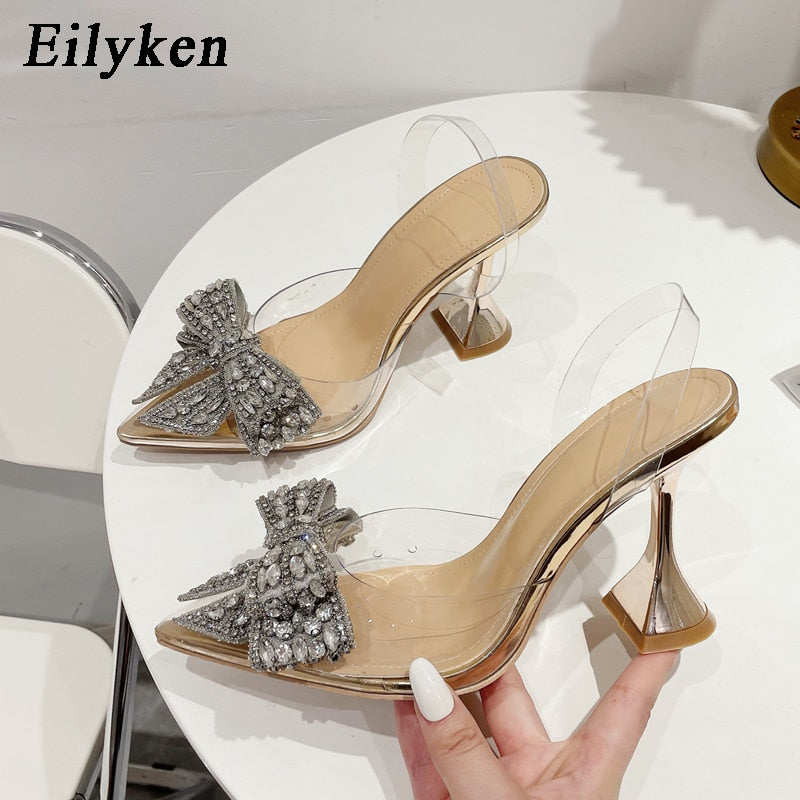 Eilyken Fashion Crystal Sequined Bowknot Women Pumps Sexy Pointed Toe High Heels PVC Transparent Sandals Wedding Prom Shoes - kmtell.com