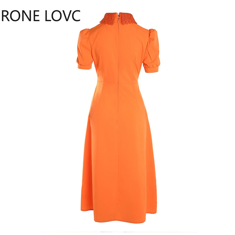 Women Elegant Bow Solid turn down collar Short Puff Sleeves A-line hollow out Midi Formal PartyDress - kmtell.com