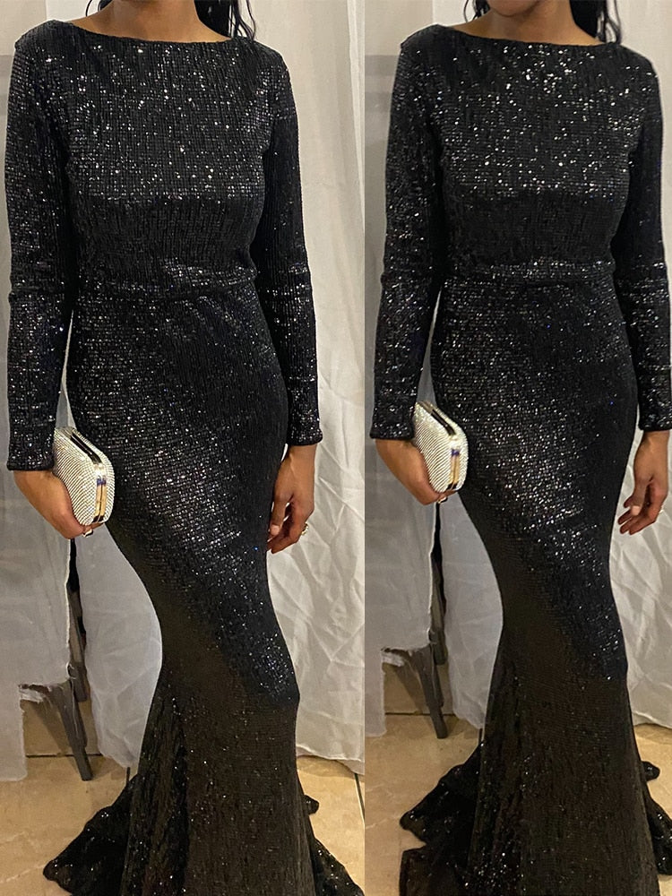 Elegant O Neck Long Sleeve Sequin Maxi Dress Floor Length Stretchy Bodycon Party Dress Gold Green Burgundy Red - kmtell.com