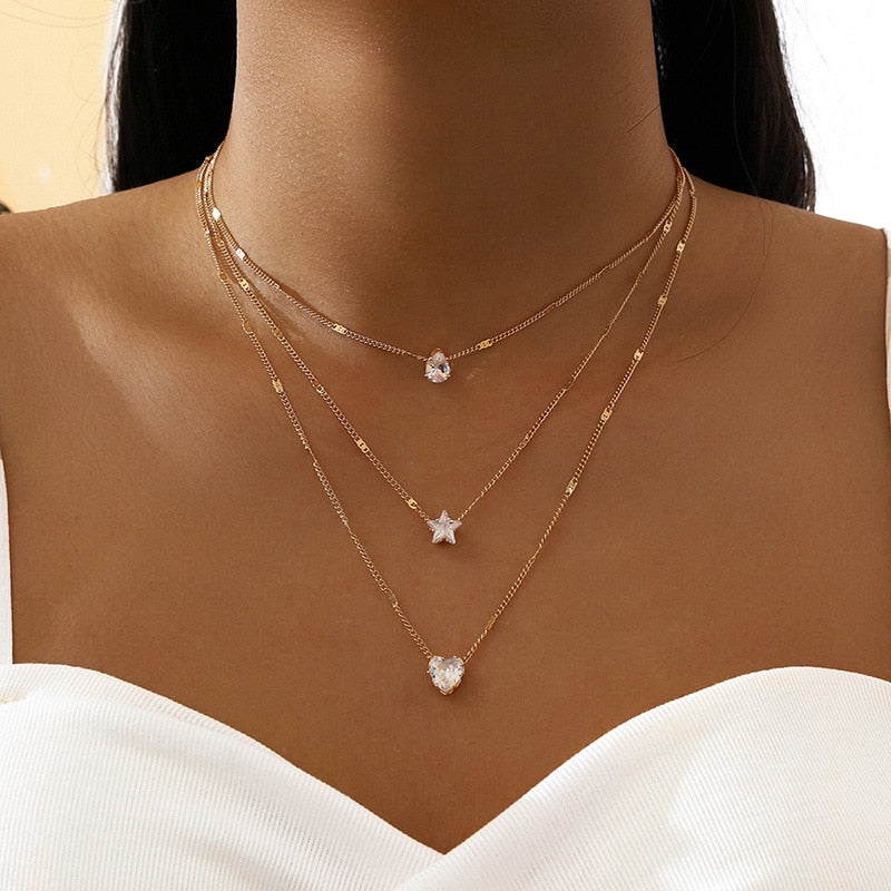 Crystal Zircon Heart Star Charm Layered Pendant Necklace Set for Women Charms Fashion Square Rhinestone Female Vintage Jewelry - kmtell.com