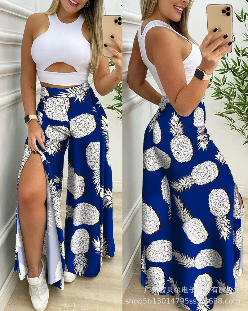 Two Piece Sets Womens Outifits 2022 Summer New Fashion Round Neck Sleeveless Short Top &amp; Contrast Color Split Wide Leg Pants Set - kmtell.com