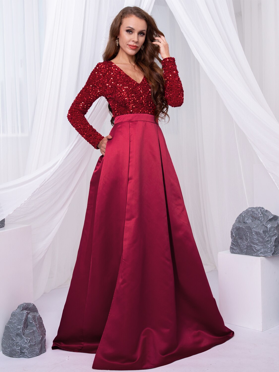 Long Sleeve V Neck Stretch Sparkle Sequin Floor Length Party Dress Slit Patchwork Ball Gown with Porckets - kmtell.com