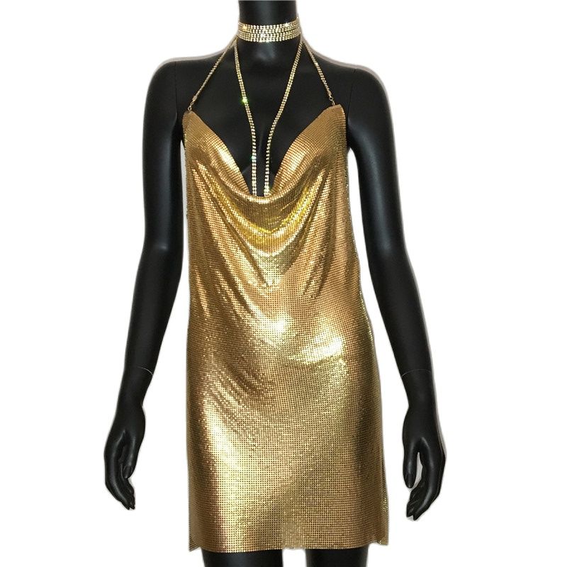 AKYZO Sexy Gold Sequined Patchwork Mini Dress Women Sleeveless Low Cut Metal Chains Halter Slim Charming Nightclub Party Dresses - kmtell.com