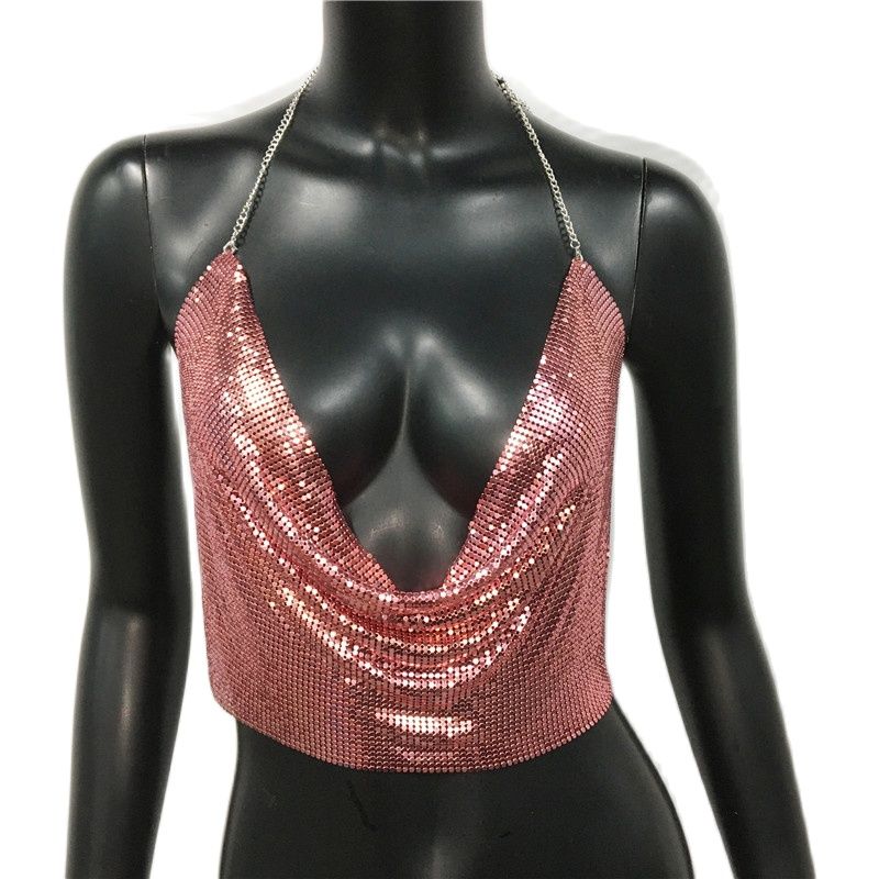 AKYZO Women 2023 Sexy Metal Sequined Tank Camis Summer Gold Silver Backless Cropped Glitter Beach Club Show Wear Tank Tops - kmtell.com