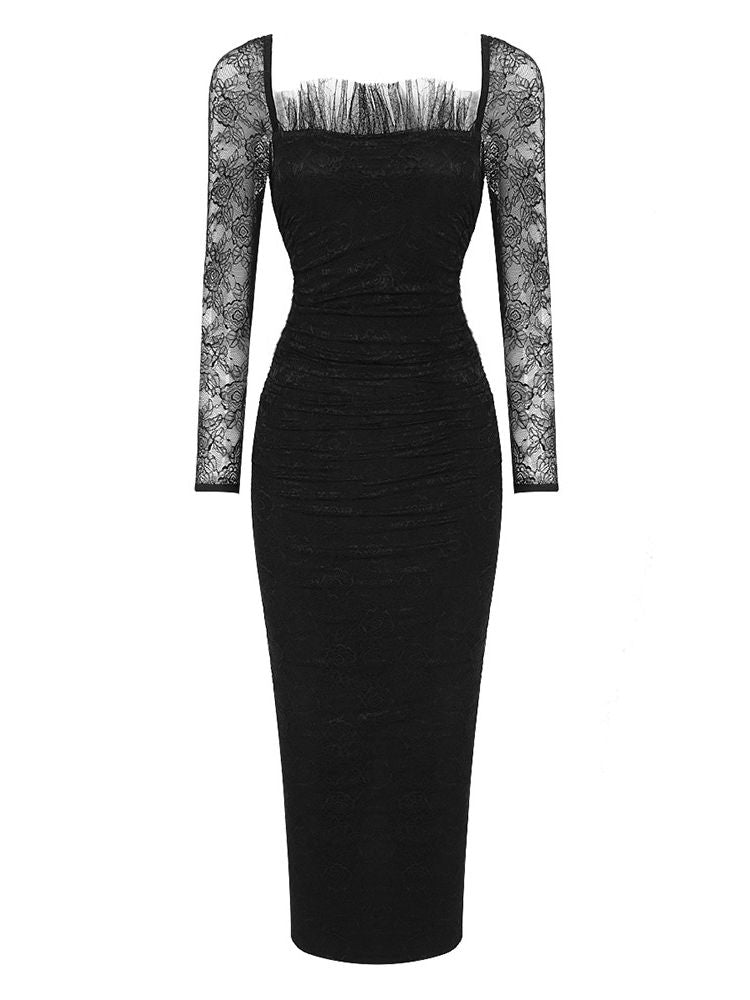 Women Winter Sexy Long Sleeve Off Shoulder Black Lace Midi Bandage Dress 2022 Elegant Evening Club Party Dress - kmtell.com
