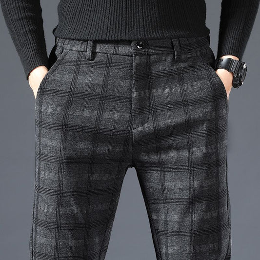 Autumn Winter Casual Pants Men&#39;s British Plaid Pants Men&#39;s Stretch Slim Straight Korean Style Fashionable Fleece Trousers Men - kmtell.com