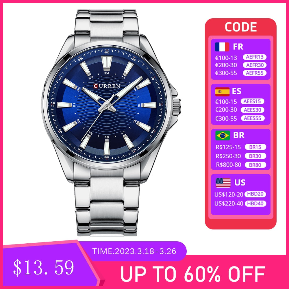 CURREN Classic Simple Stainless Steel Quartz Wristwatches Fashion Brand Men&#39;s Watches with Luminous Hands - kmtell.com