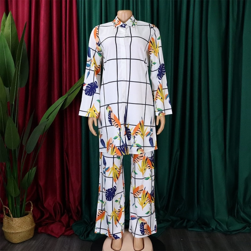 2 Pieces Women&#39;s Sets 2023 Summer Autumn Flower Print Blouse Shirt Suit Tops And Pants Suits Two Piece Set Tracksuit Outfit - kmtell.com