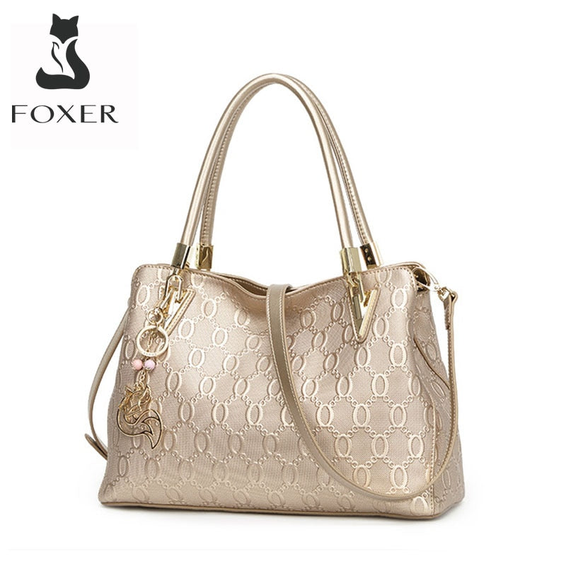 FOXER Occident Style Gold Totes Women&#39;s Cow Split Leather Handbag Fashion Lady Commute Purse Luxury Large Capacity Shoulder Bag - kmtell.com