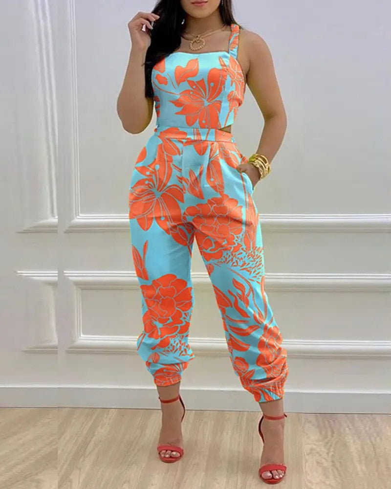 Lady Fashion One-Shoulder Romper Overalls Women Elegant Wide Leg Playsuits Retro Gold Butterfly Print Office Jumpsuit Streetwear - kmtell.com