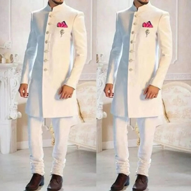 Fashion Design White Stand Collar Single Breasted Ethnic Indian Tuxedo Groom Long Suits For Men Wedding Formal Slim Fit Wear 2Pc - kmtell.com