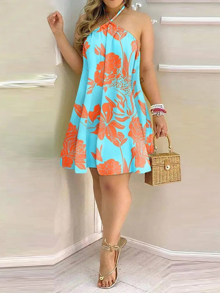 Tropical Print Halter Backless Casual Dress Women Strapless Summer Dress - kmtell.com