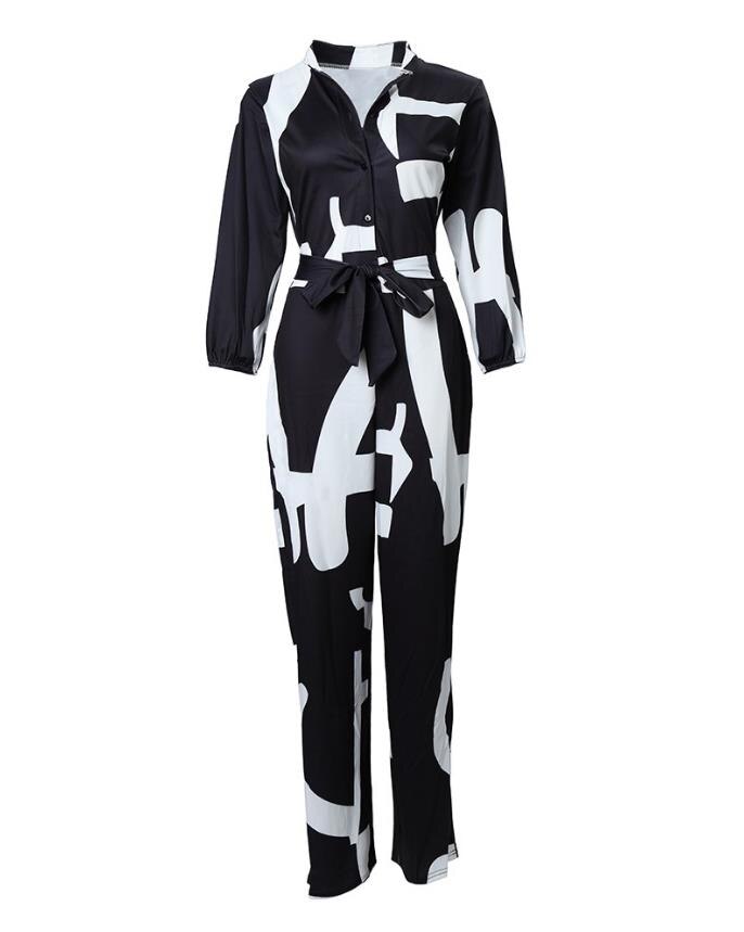 Jumpsuits for Women 2022 Elegant Autumn Fashion Abstract Print Pocket Decor Casual Long Sleeve Tied Detail Jumpsuit with Belt - kmtell.com