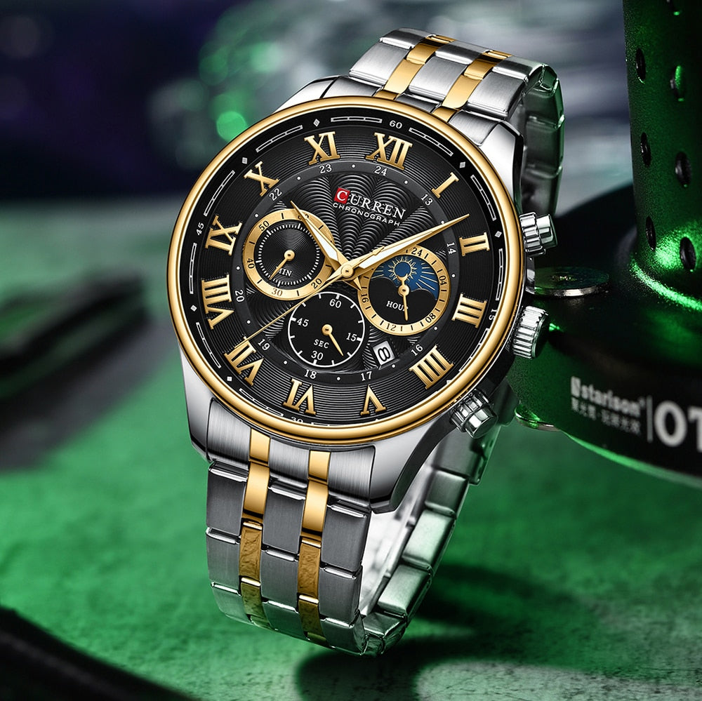 CURREN Fashion Sports Chronograph Wristwatches for Men Stainless Steel Strap Watches with Auto Date - kmtell.com
