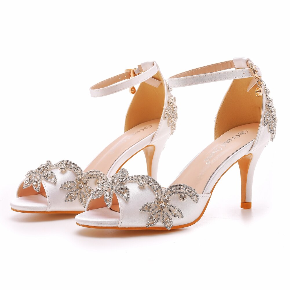 Crystal Queen Women White Silk 7CM High Heels Banquet Rhinestone Wedding Shoes Sweet Wild Single Sandals Bride Party Pumps - kmtell.com