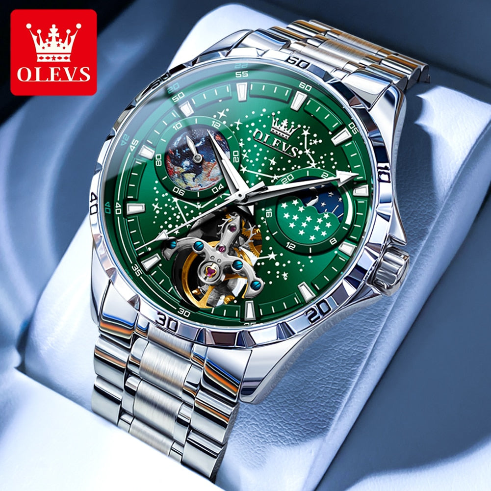 New In OLEVS Automatic Mechanical Watch for Men Starry Sky 42mm Dial Rotating Seconds Wrist Watch Luminous Star Moon Phase Watch - kmtell.com